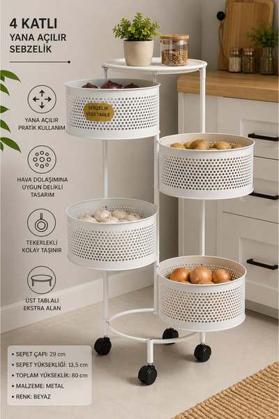 MAKRİ HOME 4 Katlı Yana Açılır Metal Patates Soğan Sepeti Sebzelik, Beyaz, Te...