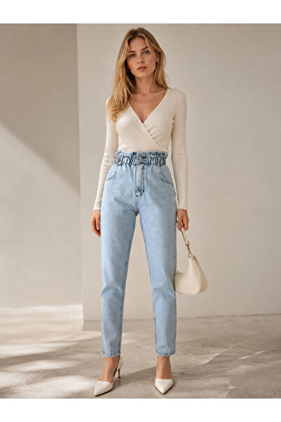 SHEVEGA Women's High Waist Belt Detailed Drawstring Elastic Mom Jeans Denim T...