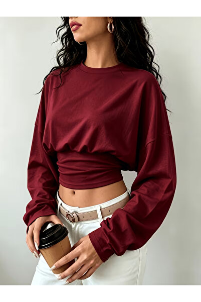 Machetta Women's Long Sleeve Oversize Crew Neck Crop T-Shirt