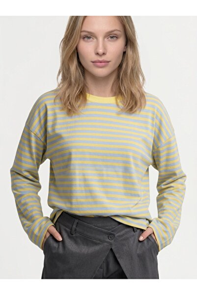 Cupla Women's Striped Oversize Long Sleeve T-Shirt Yellow Gray