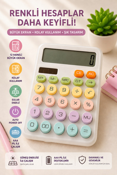 EMİLA HOME Karuida Hesap Makinesi Solar Çocuklar için Beyaz Renk