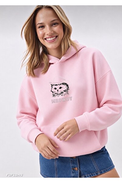 FUFLUNS Meowdy Printed Oversized Women's Hooded Sweatshirt