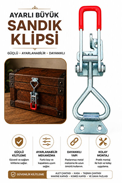 NZB Büyük Sandık Klipsi Gergi Mandalı Ayarlı Asma Kilit Uyumlu Kaput Kilidi Mandalı Krom Metal