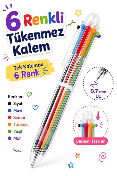 Telvesse 6 Color Press Ballpoint Pen Black Blue Red Orange Green Purple Multi...