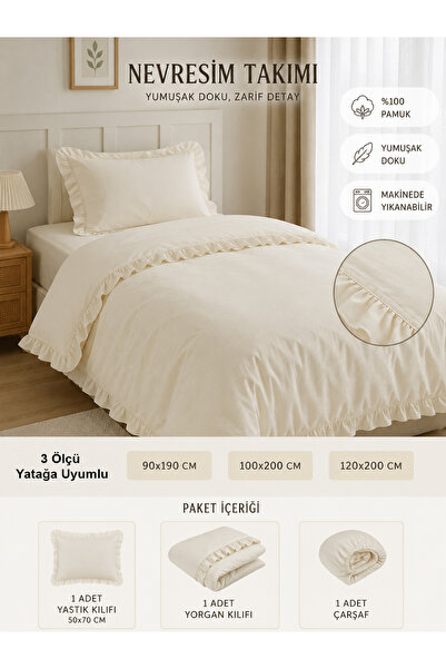 Jaju Baby Fırfırlı Nevresim Takımı Krem 3 Parça 90x190 / 100x200 / 120x200 cm...