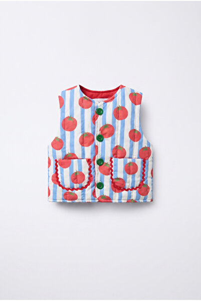 Magu Children's Tomato Patterned Blue Striped Quilted Vest