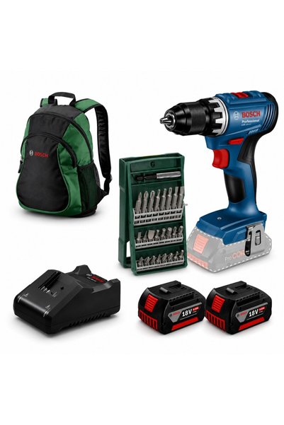 Bosch gsr 18v-45 akülü vidalama seti kömürsüz (2*4ah)+25 parça uç seti + sırt...