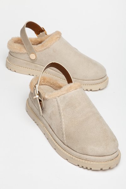 trendyes Women's Beige Fur Suede Clog Slippers with Buckle Detail, Warm and Comfortable Daily Boot Slippers