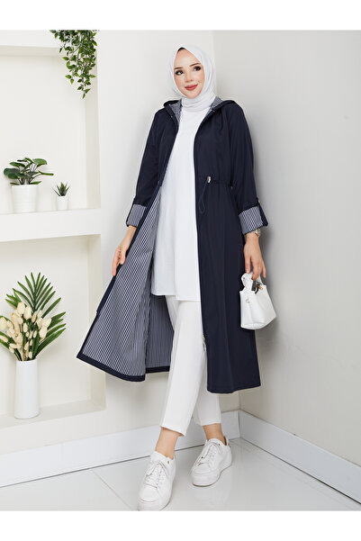 MEHDENEFE Striped Bondit Fabric Hijab Trench Coat Mde1205010