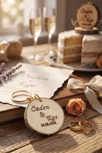 HEDİYELİKS Kişiye Özel İsimli ve Tarihli 10 Adet Doğal Ahşap Kütük Anahtarlık - Nikah, Nişan ve Söz Hediyeliği