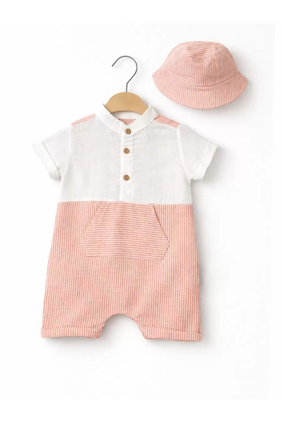 miyrem 3/18 month full linen baby romper with hat