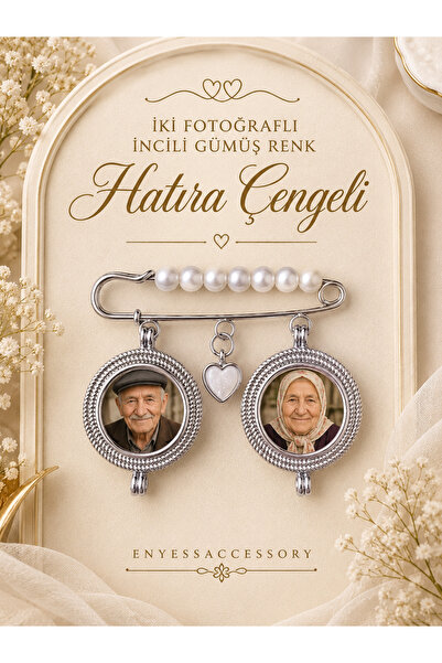enyessaccessory Kişiye Özel 2 Fotoğraflı İncili Gümüş Renk Hatıra Çengeli - G...