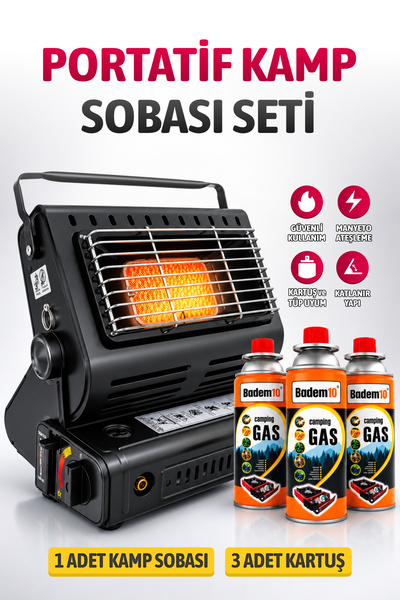 Badem10 (1 Adet) Portatif Kartuşlu ve Tüp Uyumlu Manyetolu Kamp Sobası + (3 A...
