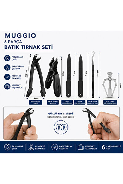 Muggio 6 Parça Batık Tırnak Seti - Batık Tırnak Makası, Pensi, Düzeltici, Temizleyici ve Törpü