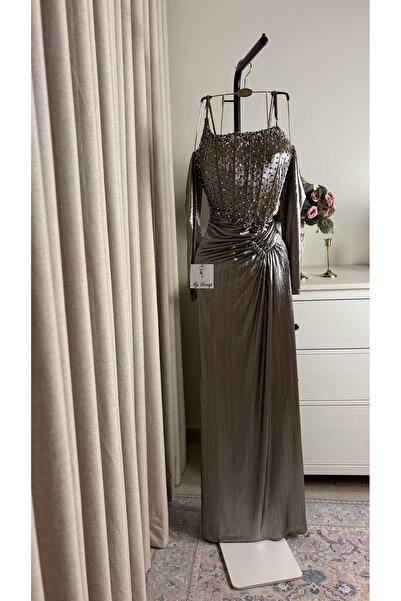 MYGROUP Bronze Metallic Corset Embroidered Evening Dress