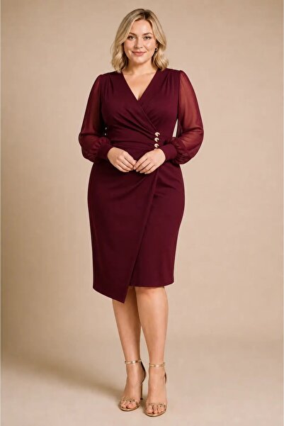 hazelin Women's Plus Size Burgundy Double Breasted Collar Chiffon Sleeves Buc...