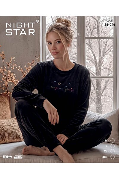 Night Star French Velvet Printed Black 2 Pajama Set