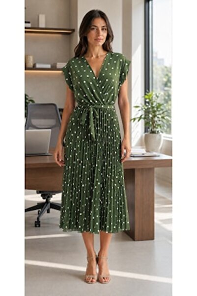 OEM Rochie midi de damă cu buline albe, decolteu petrecut, fustă plisată și c...