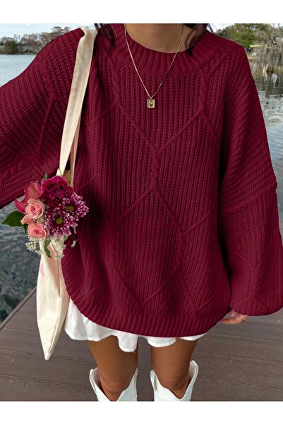 SAYZEN YOUR SHİNE Oversized Women's Sweater with Cable Knit and Crew Neck