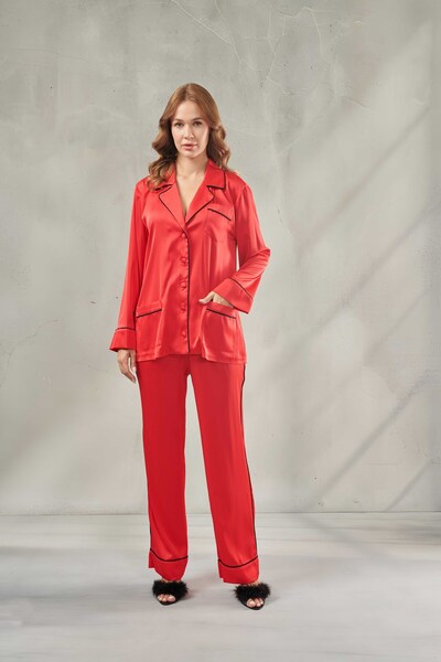 DAWN LİNE Women's Solid Color Dowry Satin Long Pajama Set Peony & Buttoned Ni...