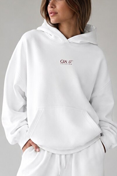 GIA - ART Kadın Oversize Hoodie Gia Art Baskılı Beyaz – Kapüşonlu, Kanguru Ce...