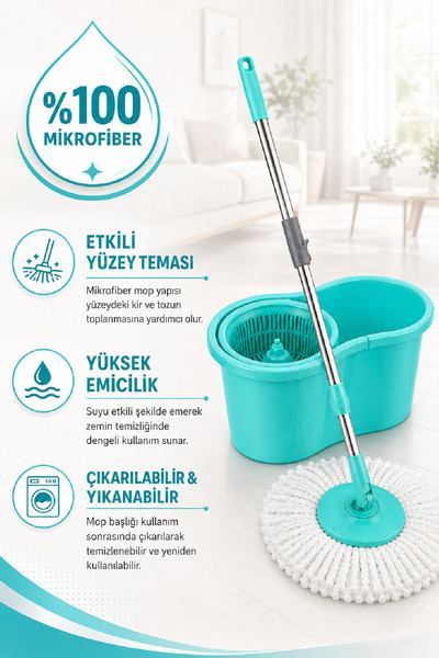 BAĞDAŞ Cleaning Set , Mop, Ayarlanabilir Sap, %100 Mikrofiber Mop Bezi 16 Litre