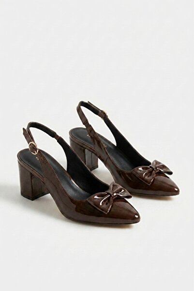 Nubbock Beren Women's Brown Patent Leather Bow Tie Open Back 5 cm Heeled Shoe...
