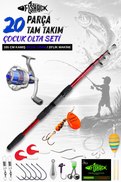 Fishack 20 Parça Tam Takım Çocuk Olta Seti - 165cm Kamış 50-150 GR/20'lik Mak...
