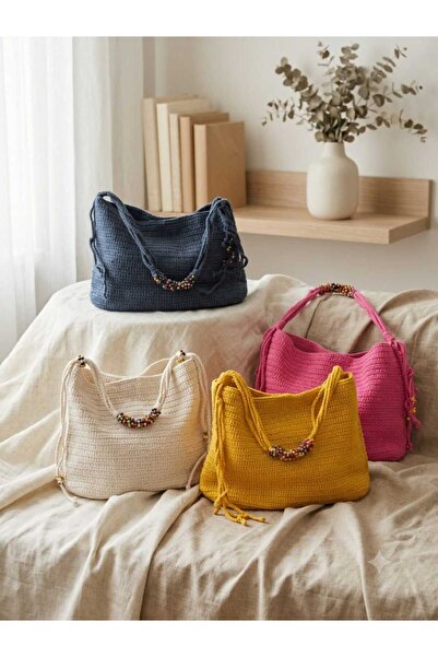 SUXİRCNHTMTS Bead Detailed Knitted Bag Handmade Eyelet 4-Piece Set