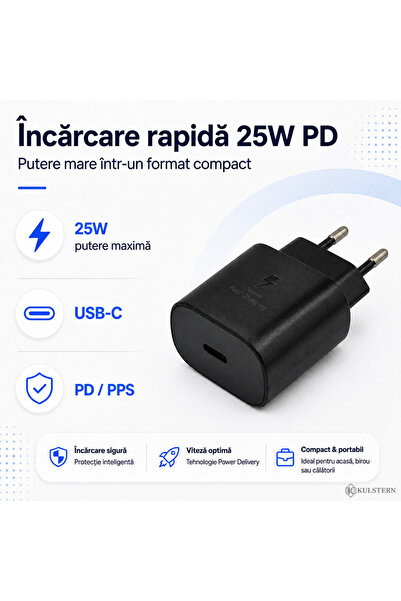 Kulstern Încărcător Rapid 25W USB-C PD PPS, Samsung Galaxy, iPhone, Cablu 2m Inclus, Negru