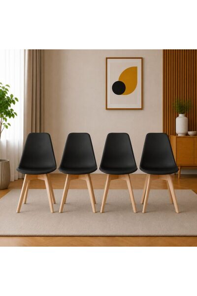 Solplant Set 4 scaune bucatarie/living, , Kito, PP negru, picioare lemn natur...