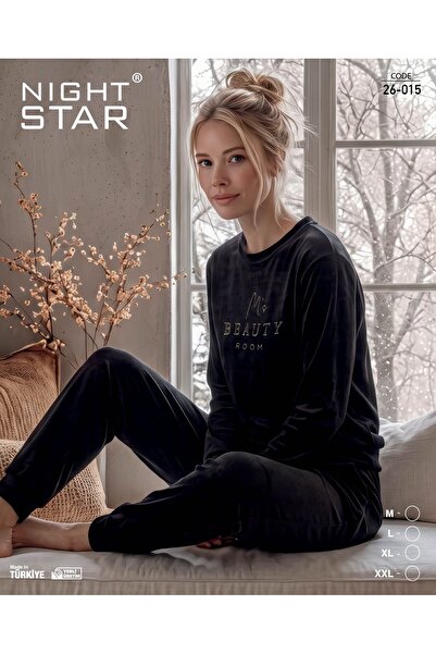 Night Star French Velvet Printed Black Pajama Set
