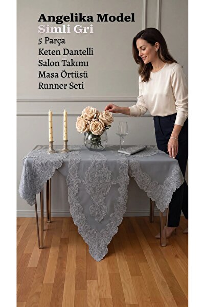 CB.B. TÜRK İŞİ HOME 5 Parça Keten Dantelli Angelika Model Simli Gri Salon Tak...