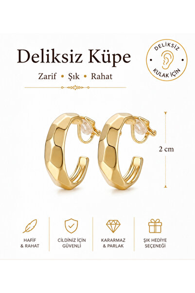 1PARÇAMAVİ Non-Perforated Clip-On Women's Earrings - Embossed Hoop Earrings