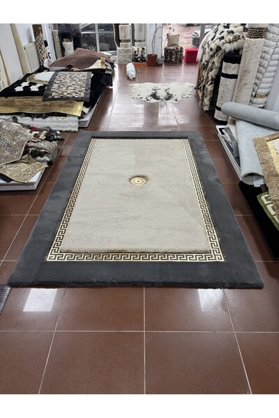 Deri Halı Dünyası Gri Beyaz Renkli Gold Varaklı Peluş Halı