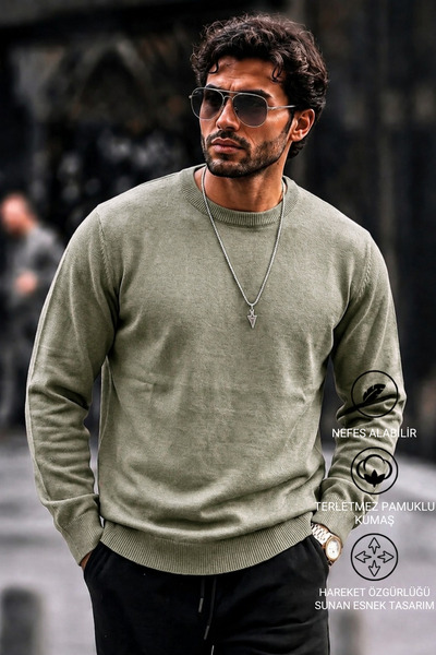 DAMGA JEANS Men's Regular Fit Casual Khaki Knit Sweater