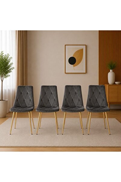 Solplant Set 4 scaune bucatarie/living, , Libra, catifea gri inchis, picioare...