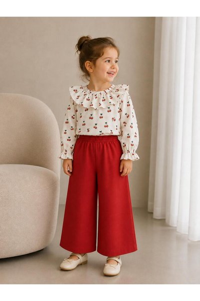 Moda Lina Baby Kız Çocuk Kiraz Desenli Bluz & Bol Paça Pantolon Takım