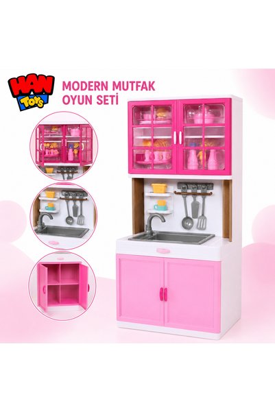 Han toys Modern Mutfak Oyun Seti Lavabolu Dolaplı Aksesuarlı Evcilik Oyuncağı...
