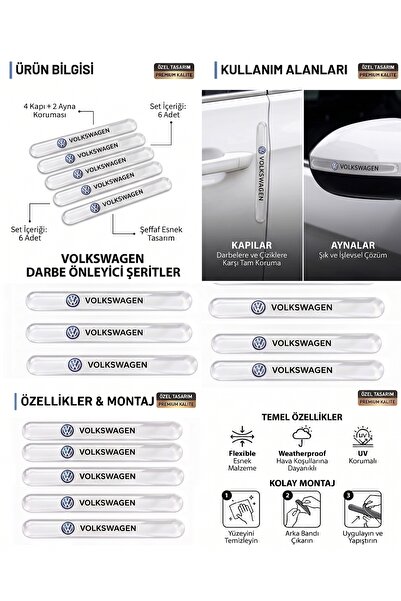 İntervex Global Volkswagen Uyumlu 6 Parça Kapı ve Yan Ayna Koruma Şeridi - Pr...