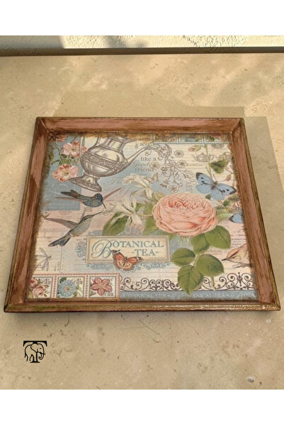 Turapia Design Botanik Çiçek Temalı Ahşap Dekopaj Tepsi 27x27 cm El Boyaması ...