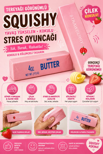 MEZATİNO Pembe Tereyağı Görünümlü Kokulu Squishy Yavaş Yükselen Yumuşak Sık B...