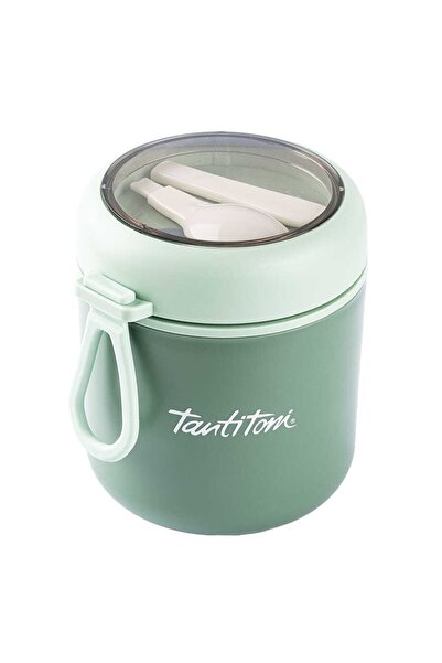 Tantitoni Green Stainless Steel Round Food Carrying Container with Spoon 530ml