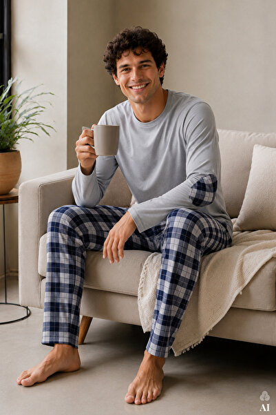 koza iç giyim Men's Cotton Long Sleeve Patched Plaid Patterned Pajama Set