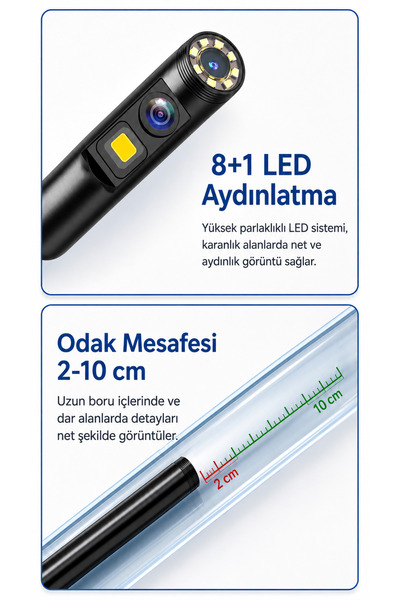 ULTRATEKNO ULT110S 10M Çift Kameralı 1440P Endoskop Yılan Kamera IP68 8mm Sert Kablo iOS Android