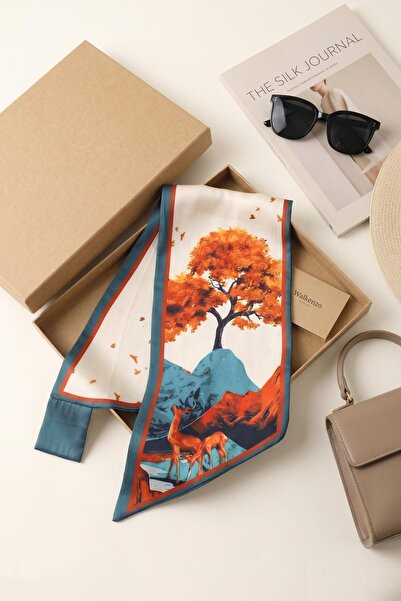 Papuçsepeti Siena Autumn and Deer-Themed Silky Textured Women's Tie-Formed Sc...