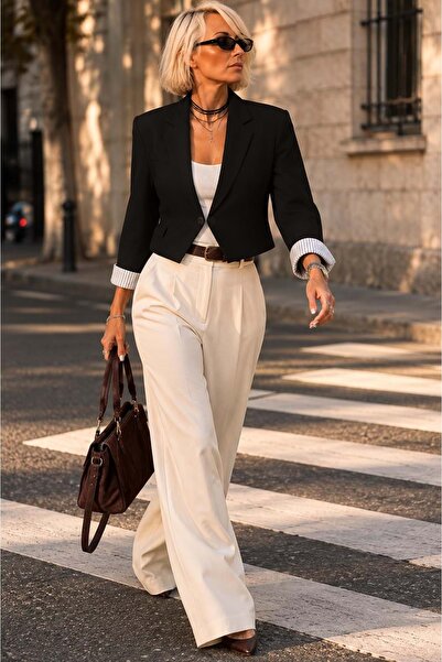 ibeeka - Cream - Black Color Crop Blazer - Striped Cuff Detail