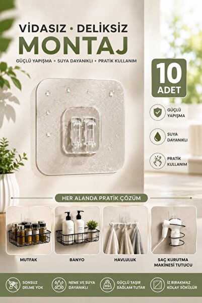 Kitchen Beauty 10 Adet Şeffaf Yapışkanlı Askı,Banyo Ve Mutfak Rafı Askısı Duv...