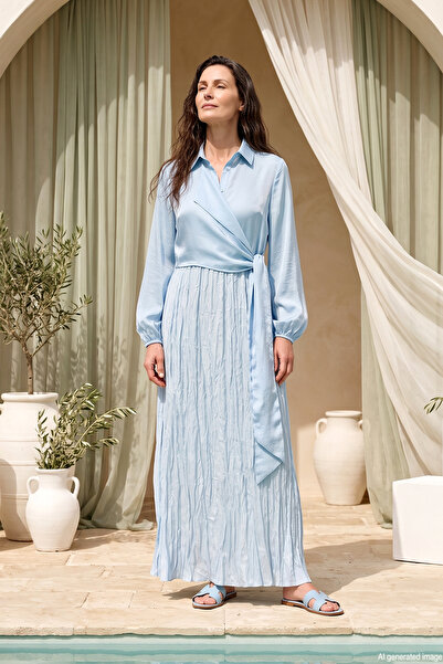 Ceremony Waist-Tied Nile Dress with Latik Detail on the Sleeves 747 Light Blue