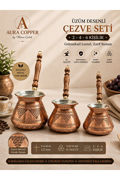 AURA COPPER 3’lü Üzüm Desenli Bakır Cezve Seti 2-4-6 Kişilik – 1,2 mm El İşçi...